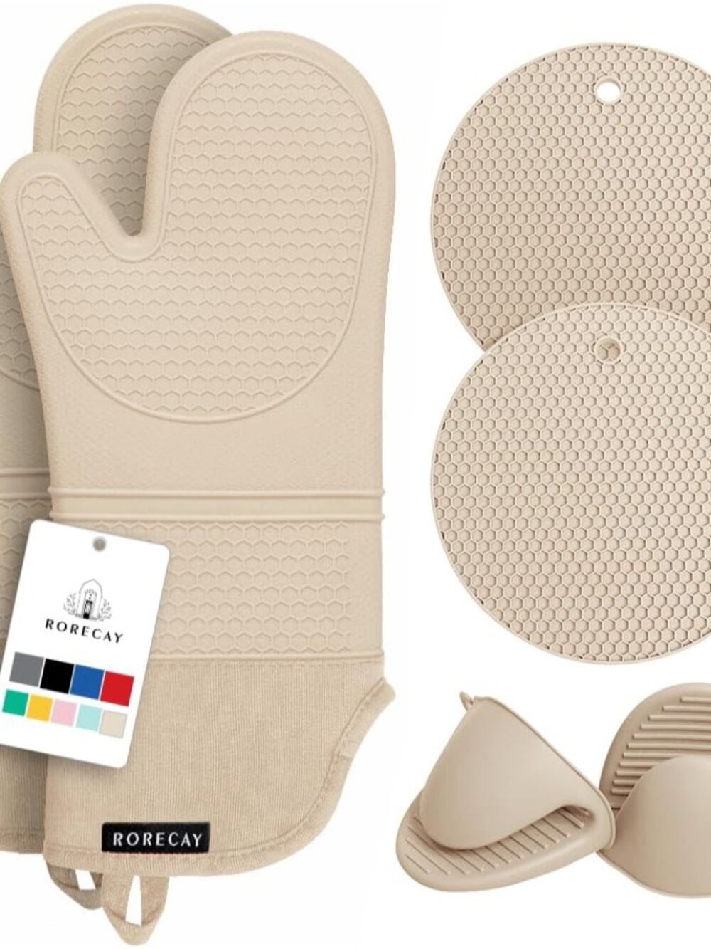 Silicone Oven Mitts and Pot Holders Sets, Gloves for Kitchen, Beige